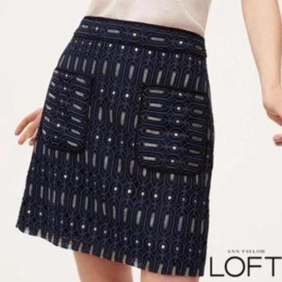 Loft Geo Circuit Lace Pockets Skirt Blue Black Metallic Silver Size 14 - Picture 3 of 6